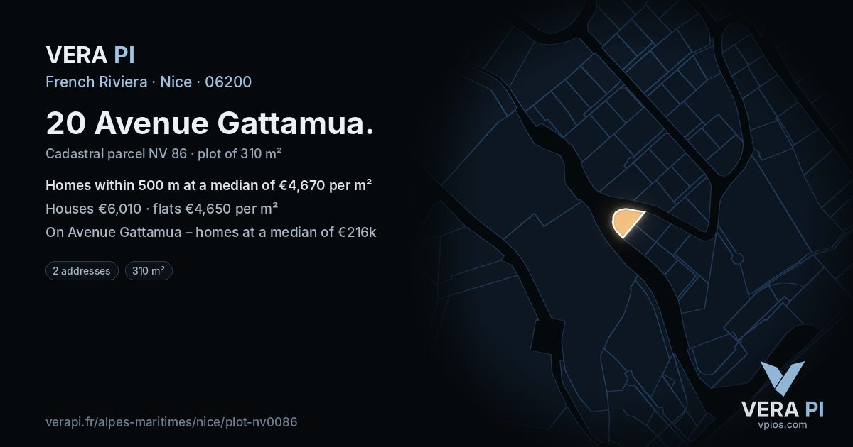 20 Avenue Gattamua, Nice at night – the plot lit, the parcels around coloured by the prices near them