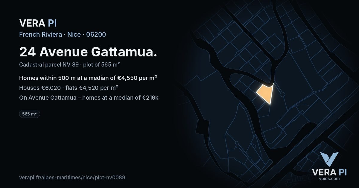 24 Avenue Gattamua, Nice at night – the plot lit, the parcels around coloured by the prices near them
