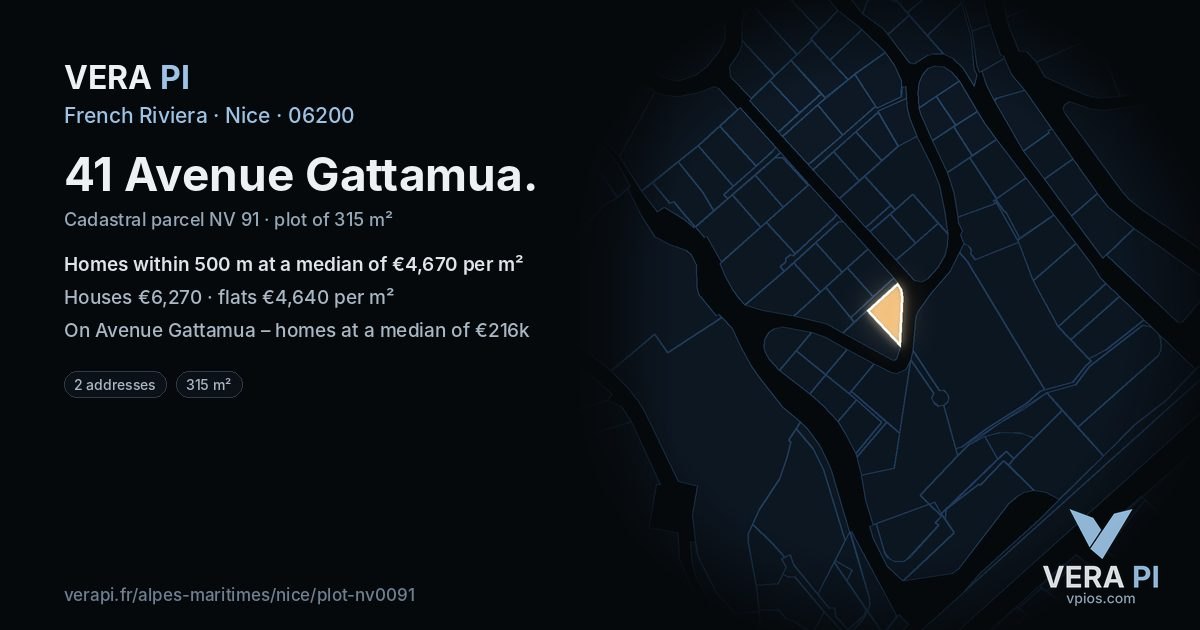 41 Avenue Gattamua, Nice at night – the plot lit, the parcels around coloured by the prices near them