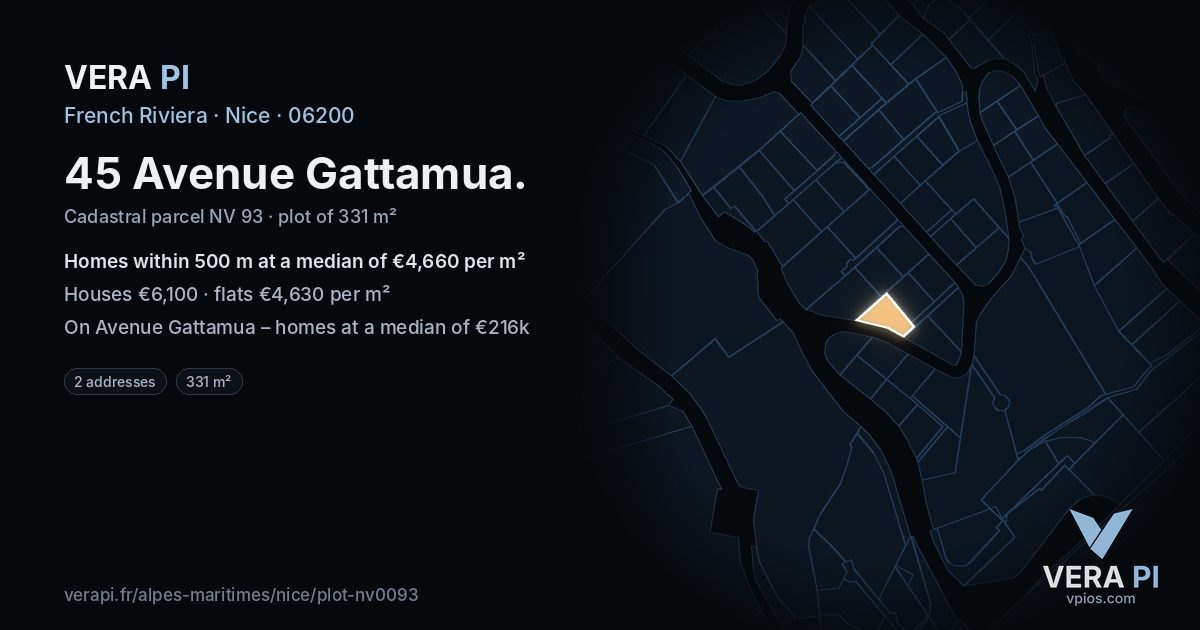 45 Avenue Gattamua, Nice at night – the plot lit, the parcels around coloured by the prices near them