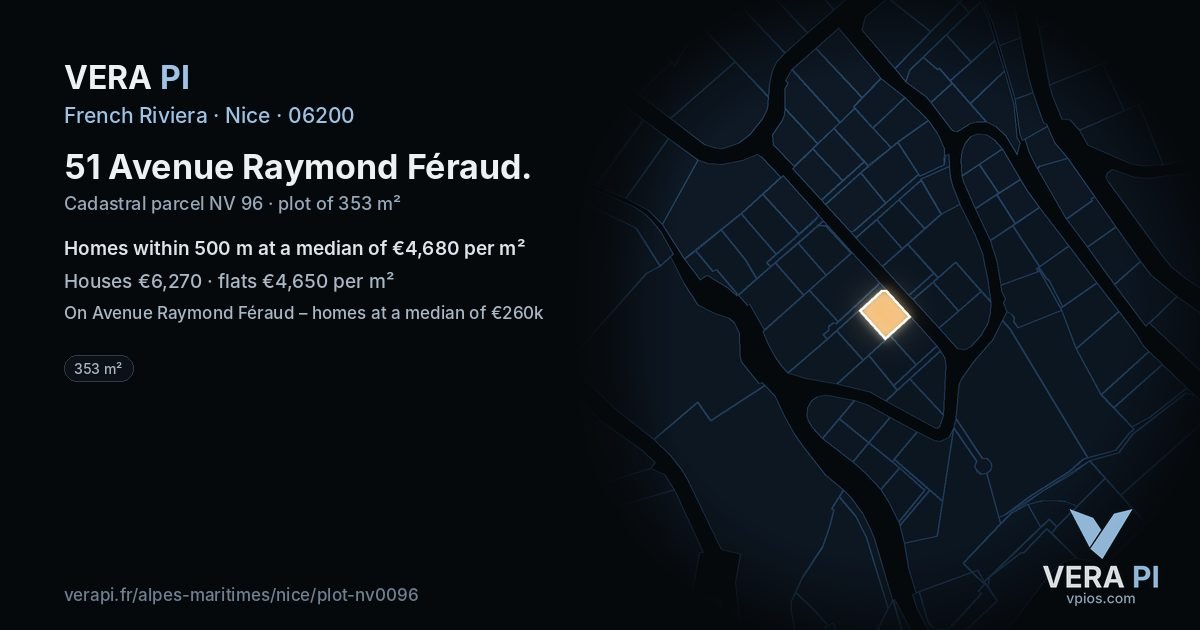 51 Avenue Raymond Féraud, Nice at night – the plot lit, the parcels around coloured by the prices near them