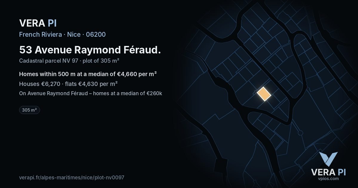 53 Avenue Raymond Féraud, Nice at night – the plot lit, the parcels around coloured by the prices near them