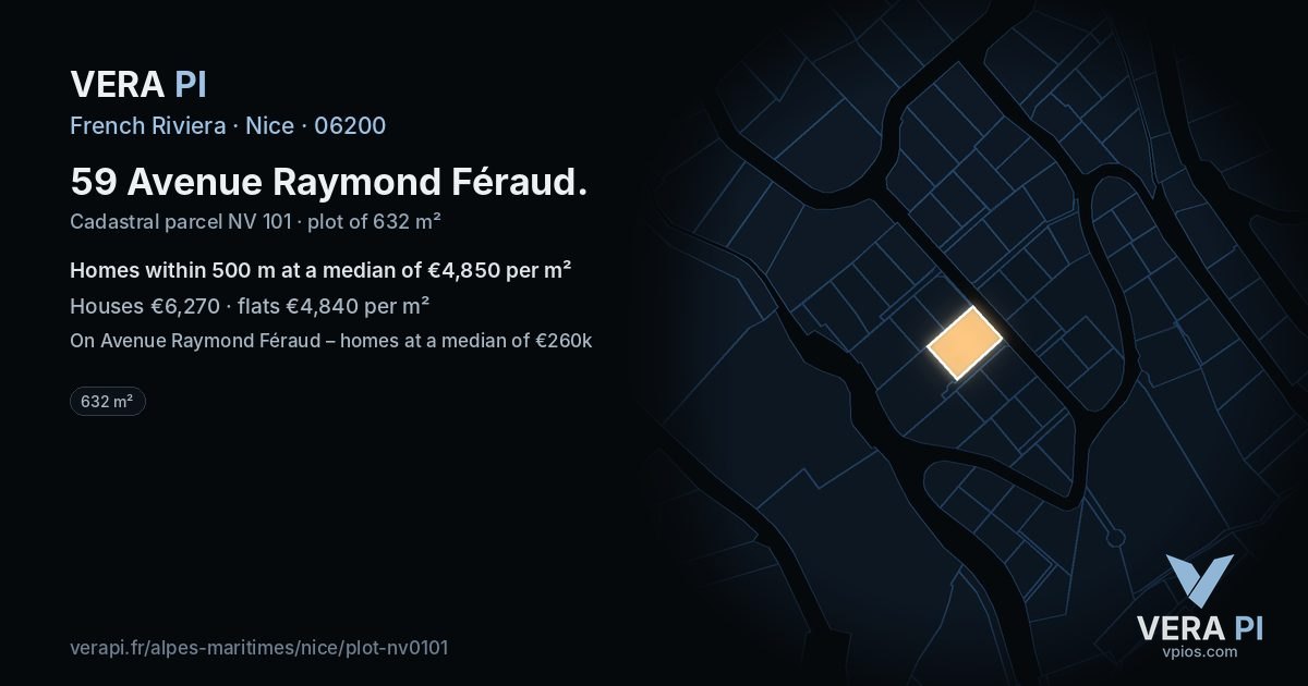 59 Avenue Raymond Féraud, Nice at night – the plot lit, the parcels around coloured by the prices near them