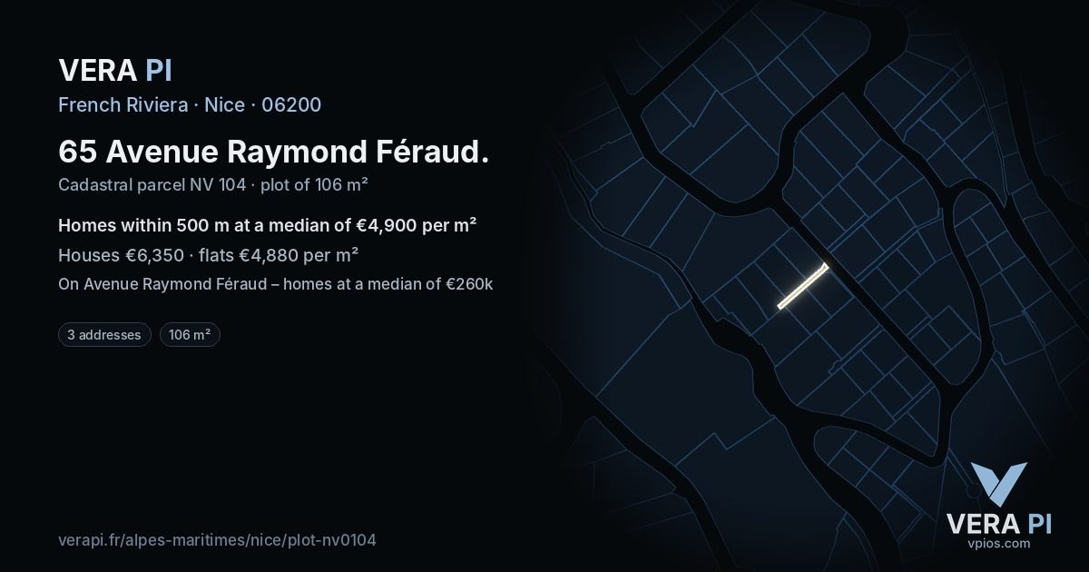 65 Avenue Raymond Féraud, Nice at night – the plot lit, the parcels around coloured by the prices near them