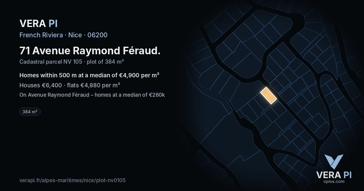 71 Avenue Raymond Féraud, Nice at night – the plot lit, the parcels around coloured by the prices near them
