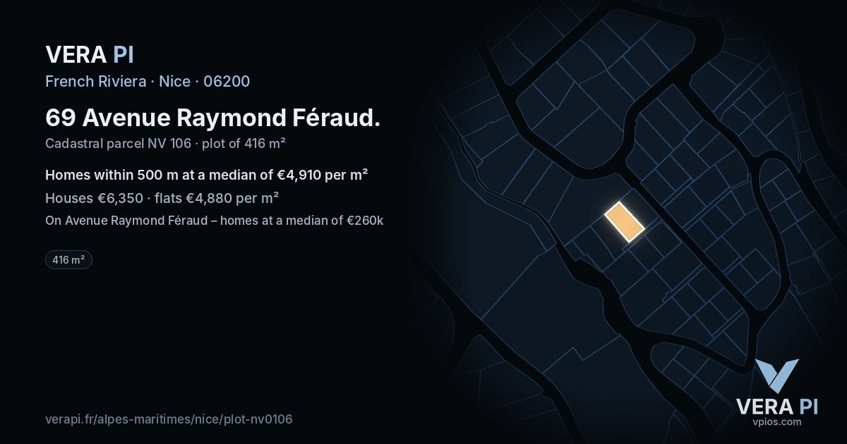 69 Avenue Raymond Féraud, Nice at night – the plot lit, the parcels around coloured by the prices near them