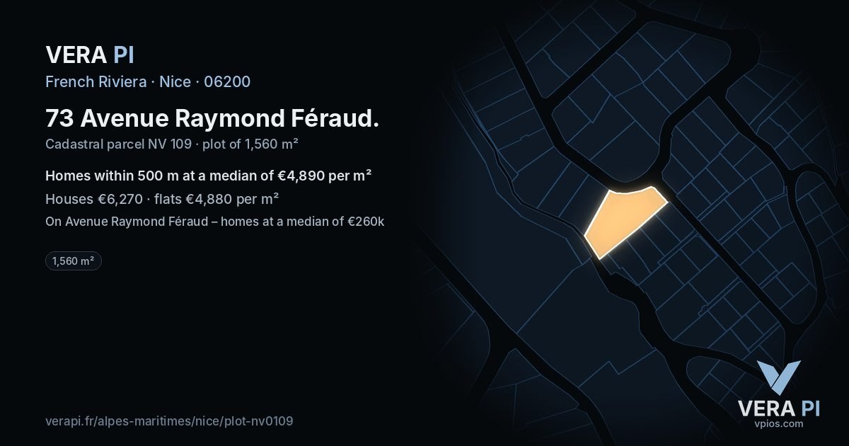 73 Avenue Raymond Féraud, Nice at night – the plot lit, the parcels around coloured by the prices near them