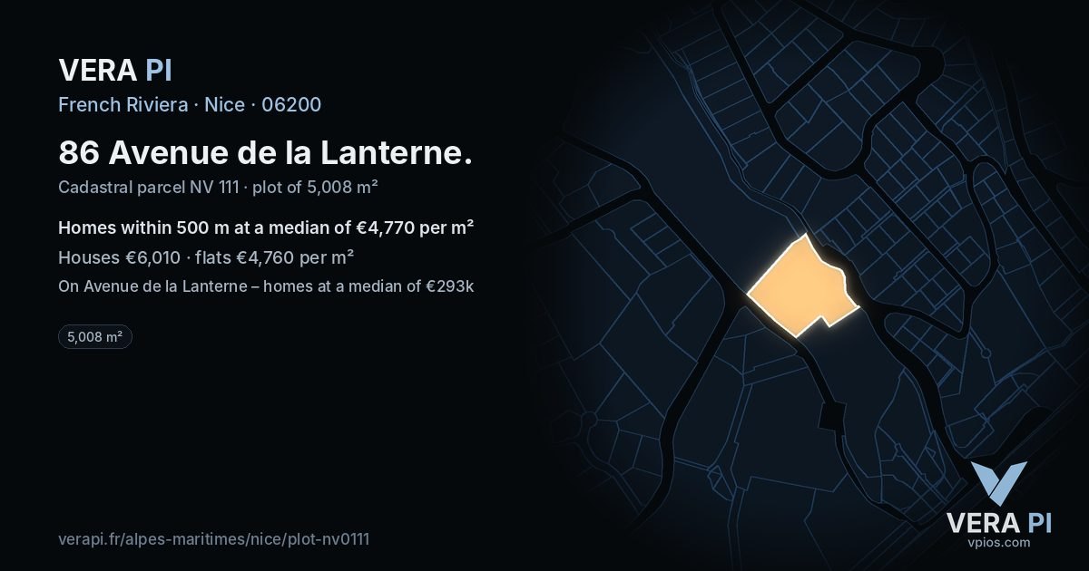 86 Avenue de la Lanterne, Nice at night – the plot lit, the parcels around coloured by the prices near them