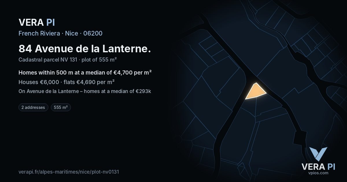 84 Avenue de la Lanterne, Nice at night – the plot lit, the parcels around coloured by the prices near them
