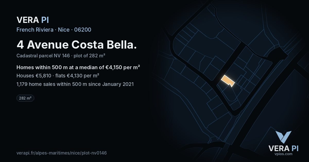 4 Avenue Costa Bella, Nice at night – the plot lit, the parcels around coloured by the prices near them