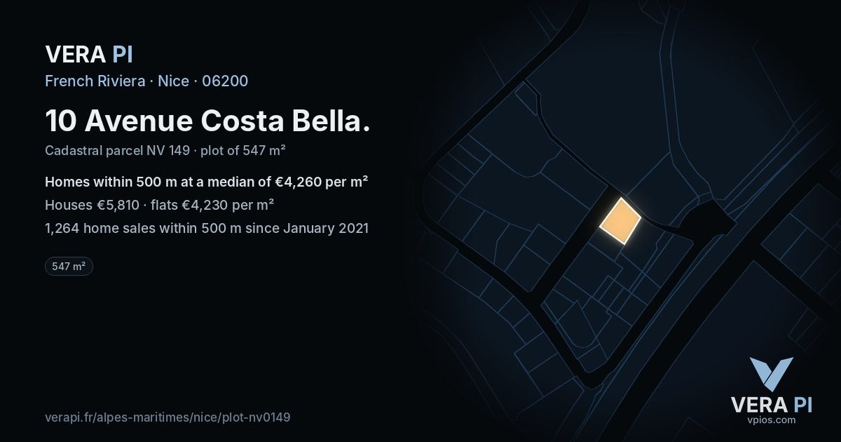 10 Avenue Costa Bella, Nice at night – the plot lit, the parcels around coloured by the prices near them