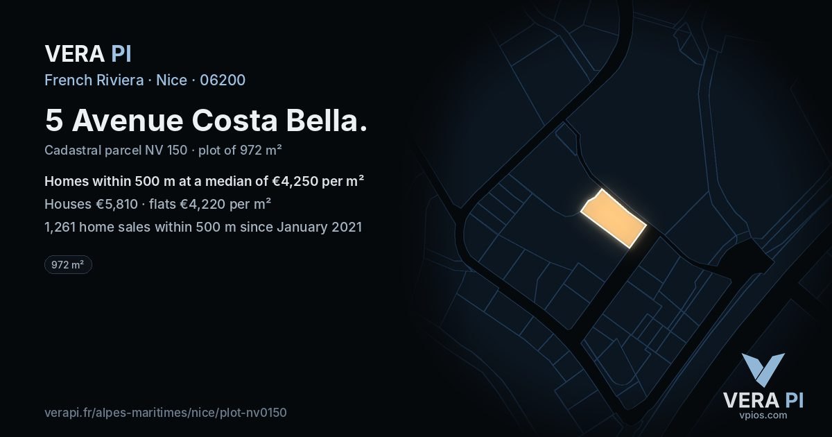 5 Avenue Costa Bella, Nice at night – the plot lit, the parcels around coloured by the prices near them