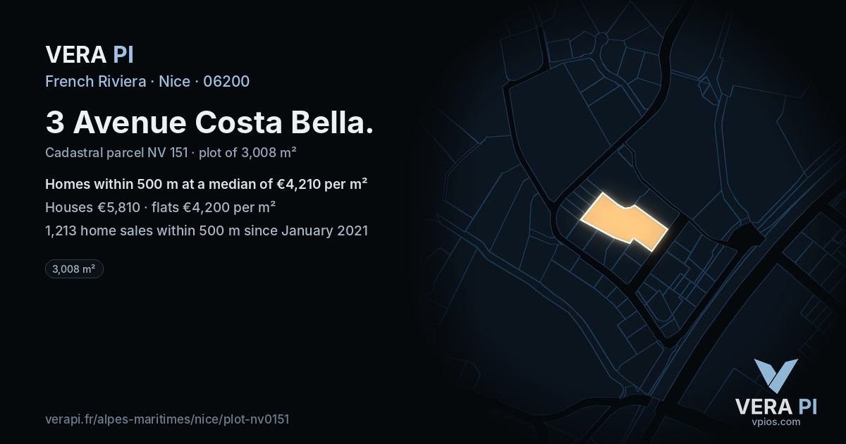 3 Avenue Costa Bella, Nice at night – the plot lit, the parcels around coloured by the prices near them