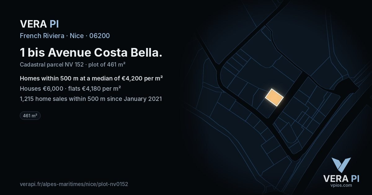 1 bis Avenue Costa Bella, Nice at night – the plot lit, the parcels around coloured by the prices near them