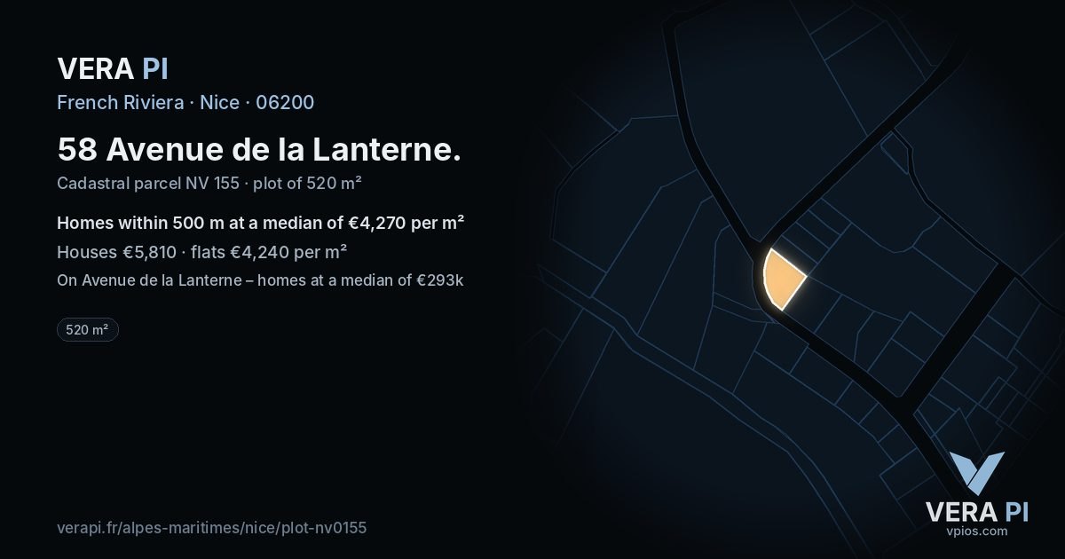 58 Avenue de la Lanterne, Nice at night – the plot lit, the parcels around coloured by the prices near them