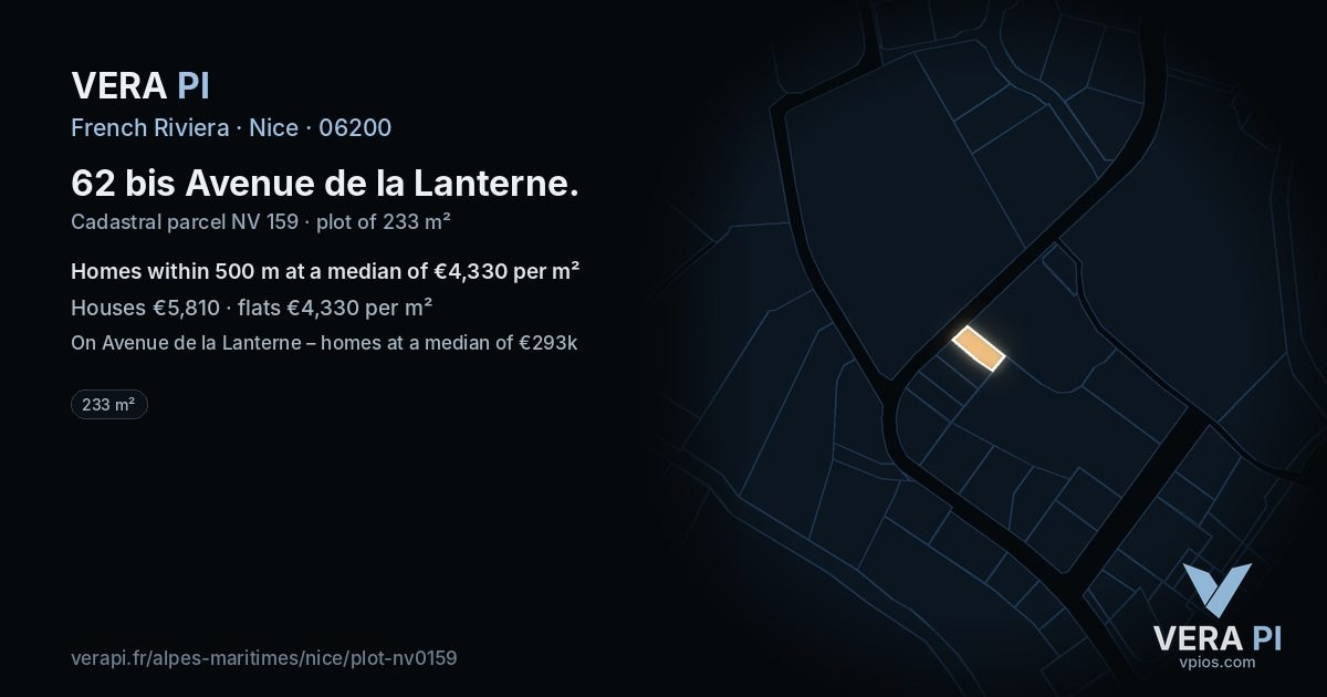 62 bis Avenue de la Lanterne, Nice at night – the plot lit, the parcels around coloured by the prices near them