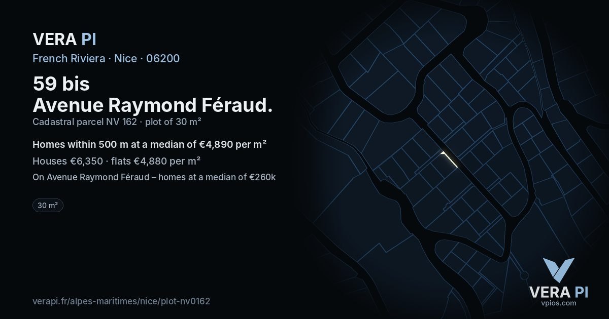 59 bis Avenue Raymond Féraud, Nice at night – the plot lit, the parcels around coloured by the prices near them