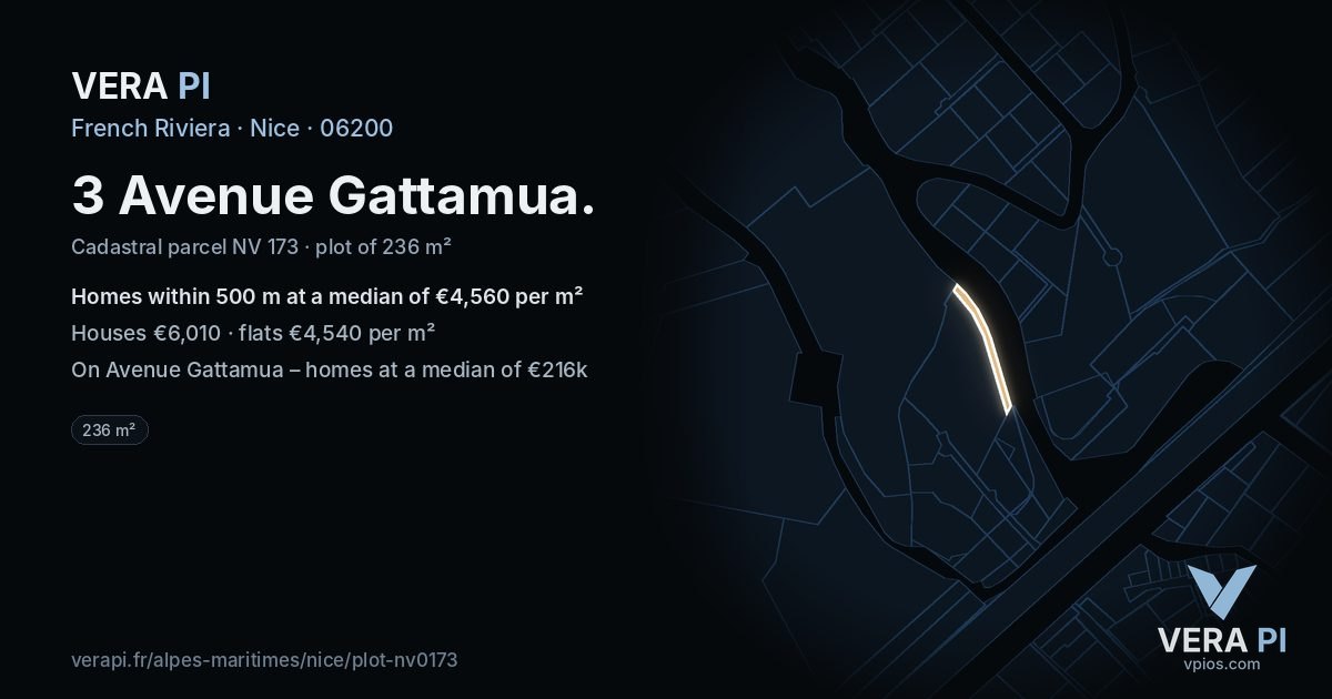 3 Avenue Gattamua, Nice at night – the plot lit, the parcels around coloured by the prices near them