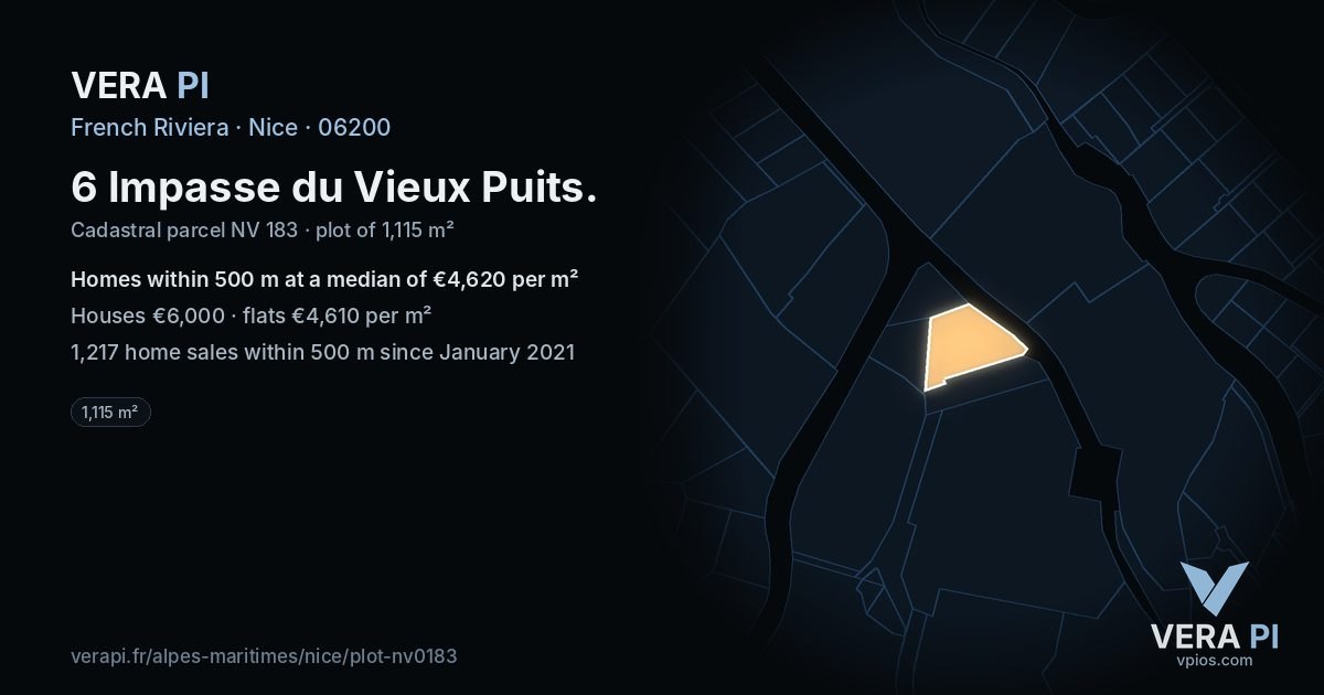 6 Impasse du Vieux Puits, Nice at night – the plot lit, the parcels around coloured by the prices near them