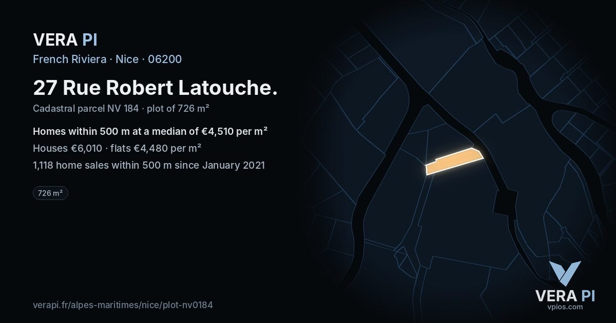 27 Rue Robert Latouche, Nice at night – the plot lit, the parcels around coloured by the prices near them