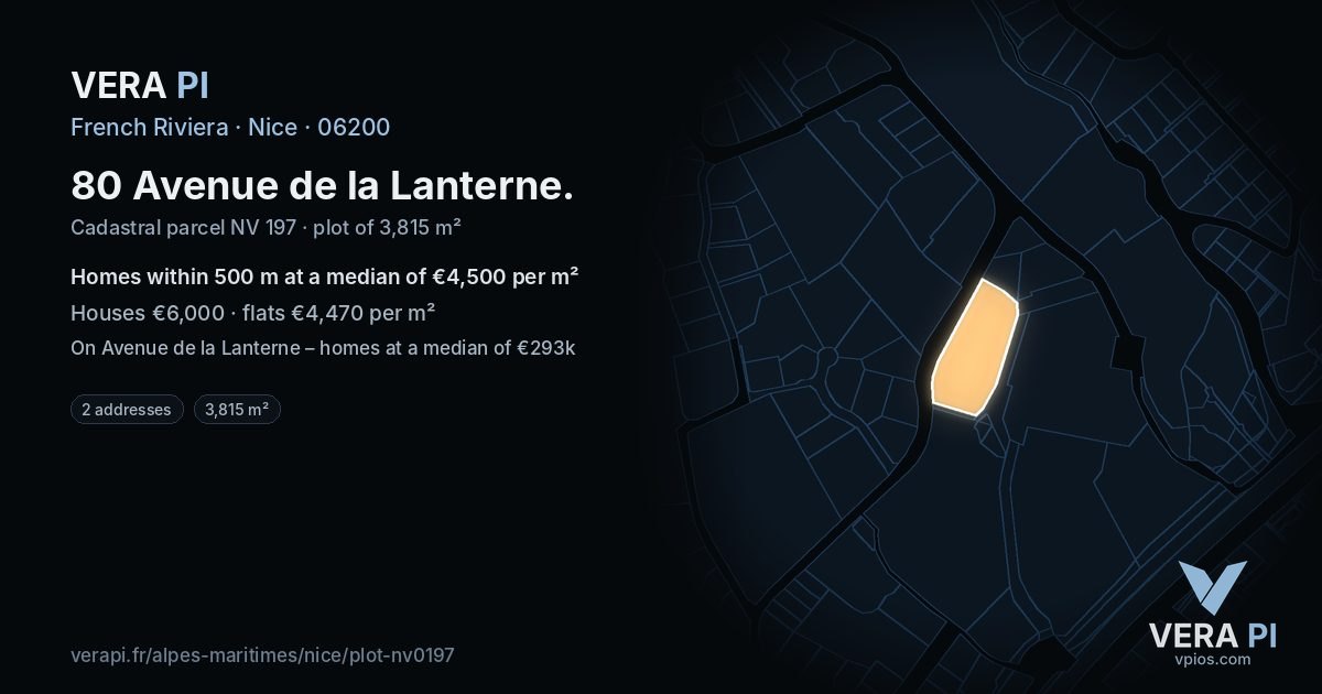 80 Avenue de la Lanterne, Nice at night – the plot lit, the parcels around coloured by the prices near them