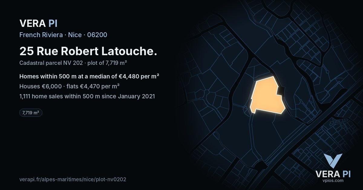 25 Rue Robert Latouche, Nice at night – the plot lit, the parcels around coloured by the prices near them