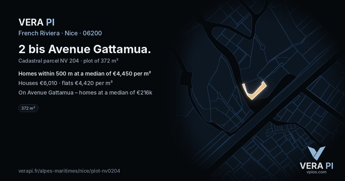 2 bis Avenue Gattamua, Nice at night – the plot lit, the parcels around coloured by the prices near them