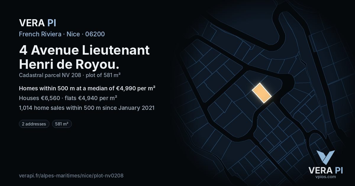4 Avenue Lieutenant Henri de Royou, Nice at night – the plot lit, the parcels around coloured by the prices near them