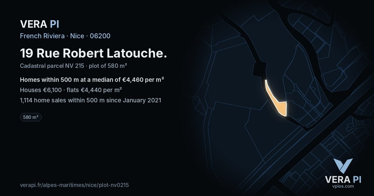 19 Rue Robert Latouche, Nice at night – the plot lit, the parcels around coloured by the prices near them