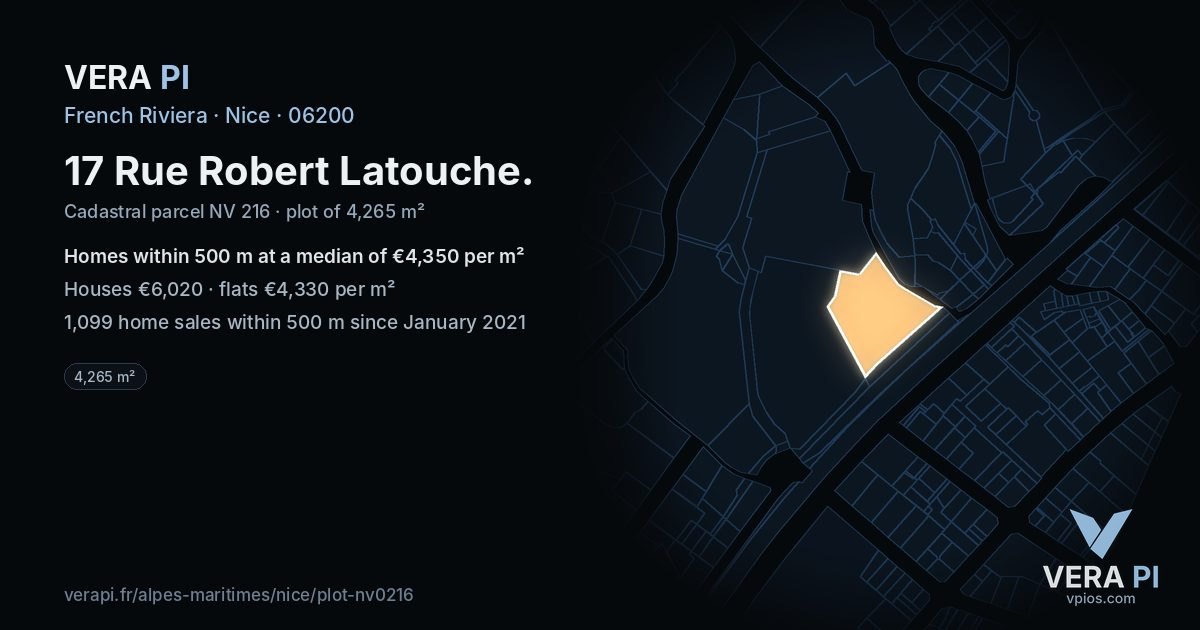 17 Rue Robert Latouche, Nice at night – the plot lit, the parcels around coloured by the prices near them