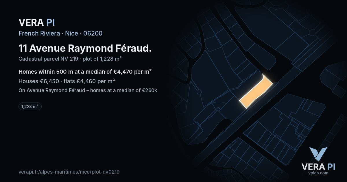 11 Avenue Raymond Féraud, Nice at night – the plot lit, the parcels around coloured by the prices near them