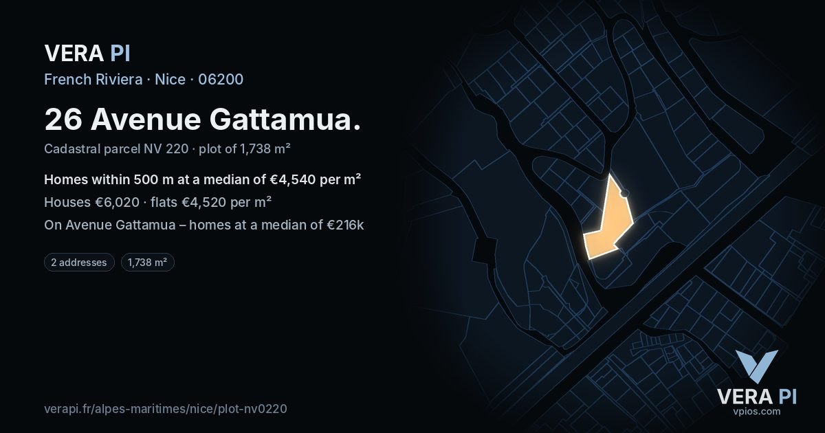 26 Avenue Gattamua, Nice at night – the plot lit, the parcels around coloured by the prices near them