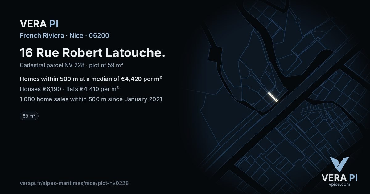 16 Rue Robert Latouche, Nice at night – the plot lit, the parcels around coloured by the prices near them