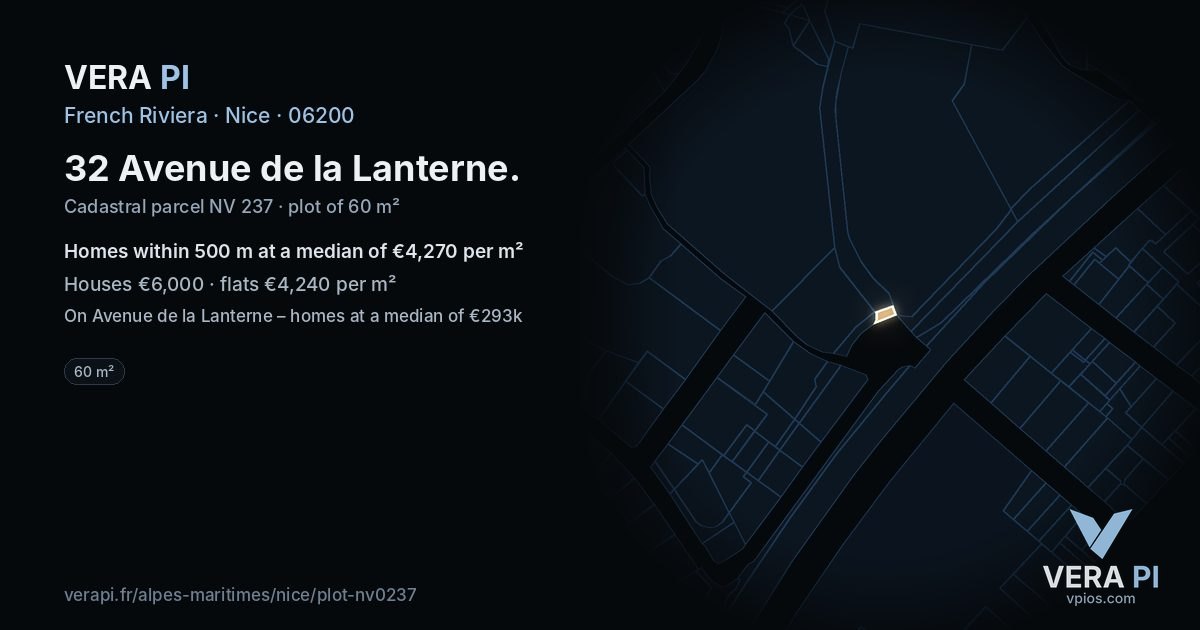 32 Avenue de la Lanterne, Nice at night – the plot lit, the parcels around coloured by the prices near them