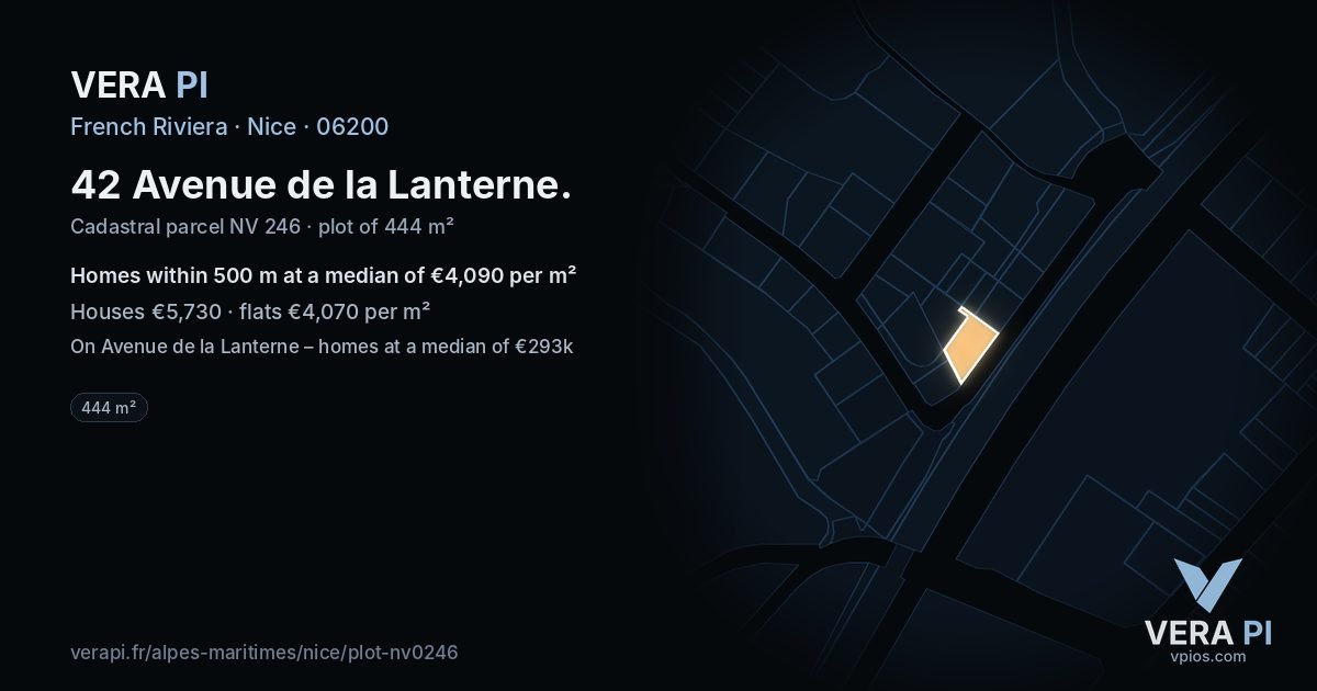 42 Avenue de la Lanterne, Nice at night – the plot lit, the parcels around coloured by the prices near them