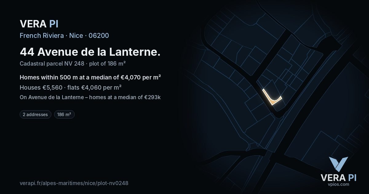 44 Avenue de la Lanterne, Nice at night – the plot lit, the parcels around coloured by the prices near them