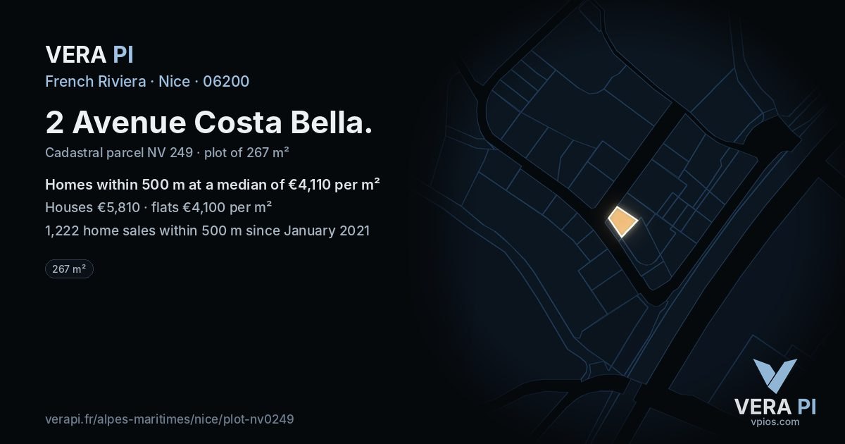 2 Avenue Costa Bella, Nice at night – the plot lit, the parcels around coloured by the prices near them