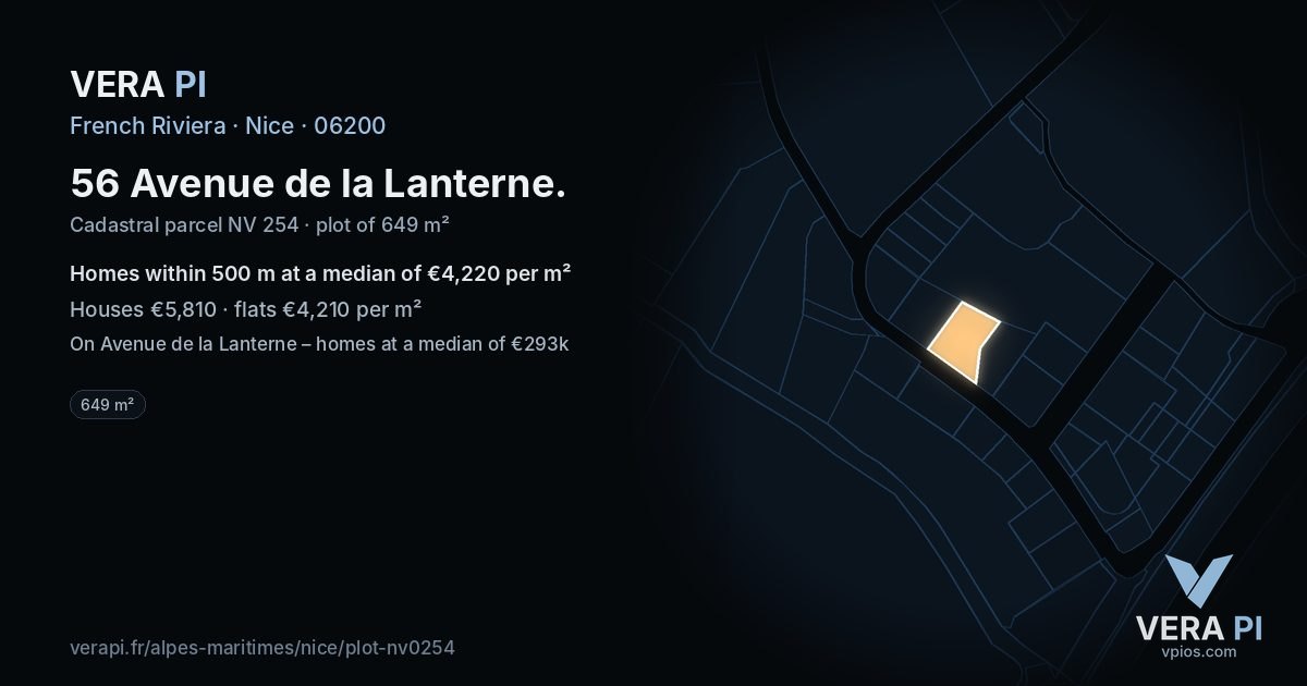 56 Avenue de la Lanterne, Nice at night – the plot lit, the parcels around coloured by the prices near them