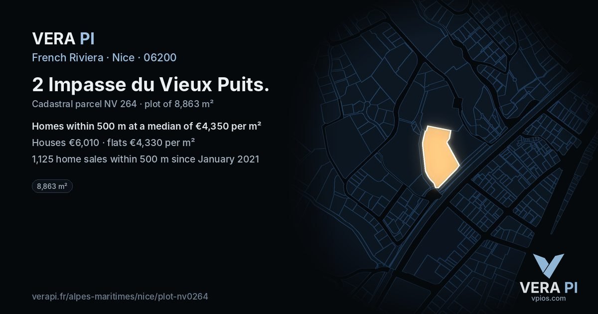 2 Impasse du Vieux Puits, Nice at night – the plot lit, the parcels around coloured by the prices near them