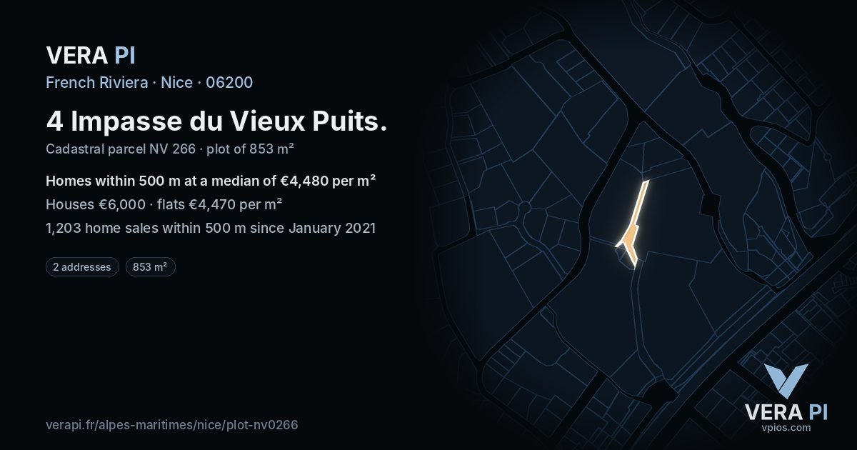 4 Impasse du Vieux Puits, Nice at night – the plot lit, the parcels around coloured by the prices near them