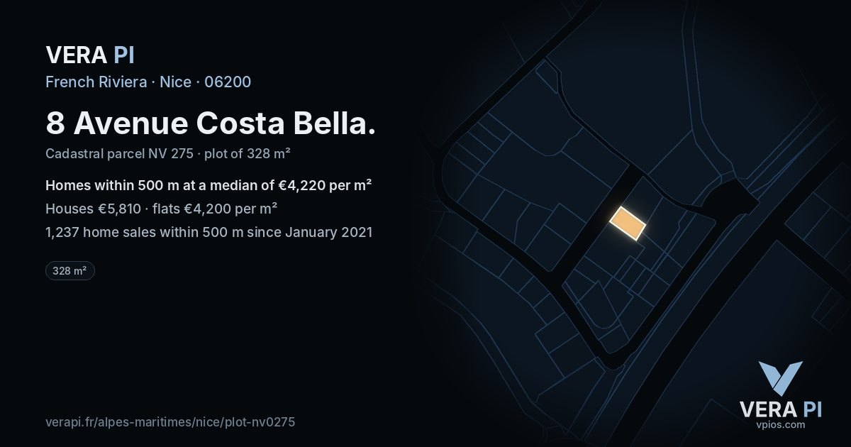 8 Avenue Costa Bella, Nice at night – the plot lit, the parcels around coloured by the prices near them