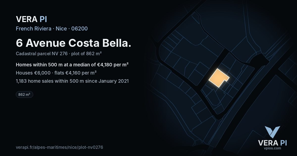 6 Avenue Costa Bella, Nice at night – the plot lit, the parcels around coloured by the prices near them
