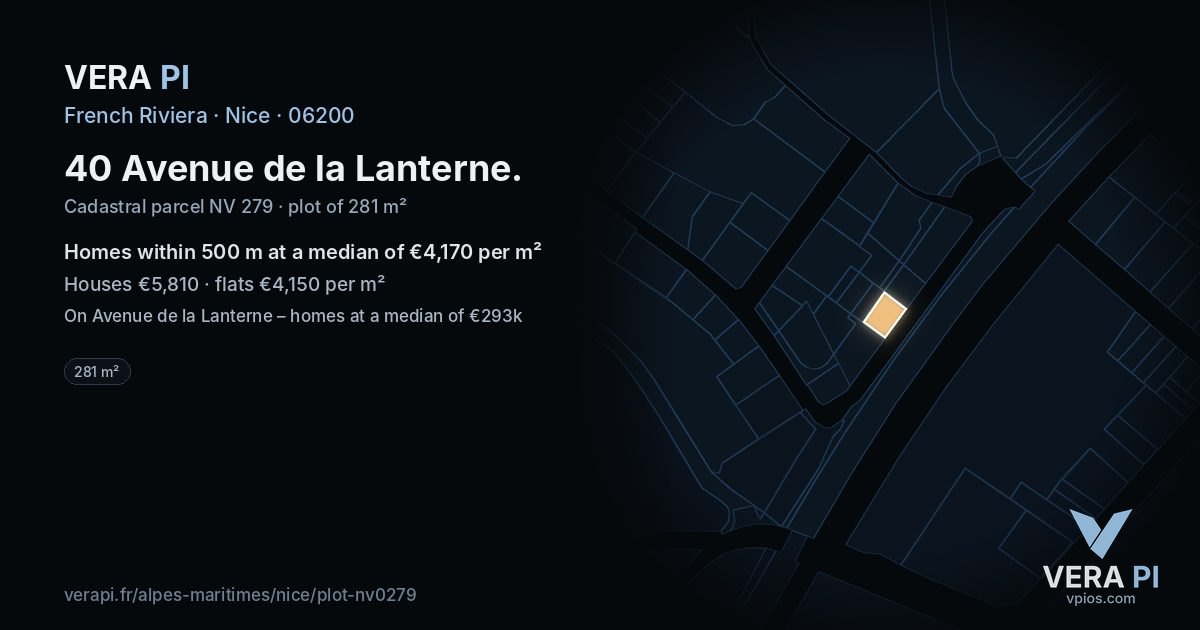 40 Avenue de la Lanterne, Nice at night – the plot lit, the parcels around coloured by the prices near them