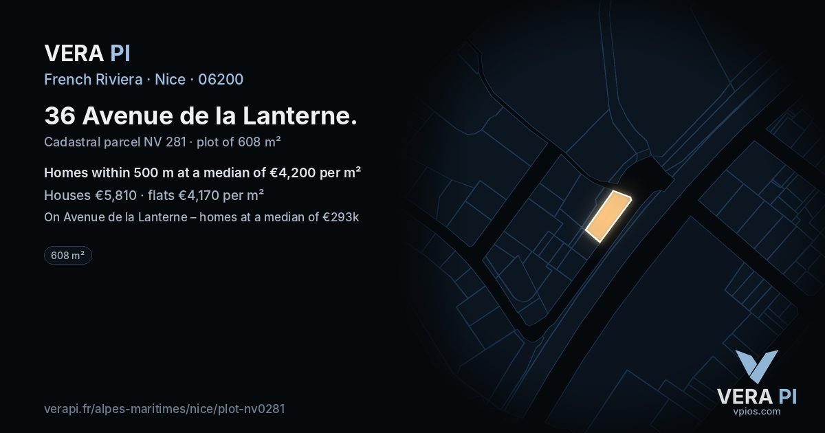 36 Avenue de la Lanterne, Nice at night – the plot lit, the parcels around coloured by the prices near them