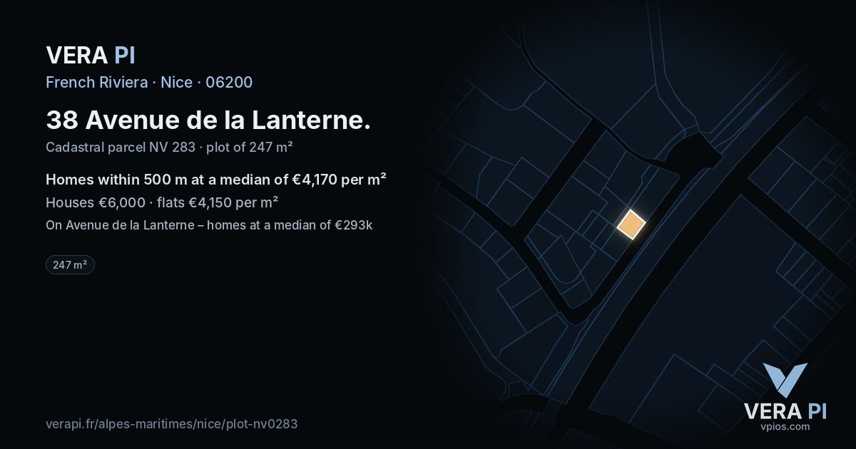 38 Avenue de la Lanterne, Nice at night – the plot lit, the parcels around coloured by the prices near them