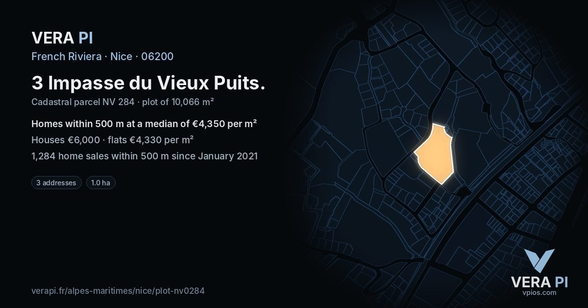 3 Impasse du Vieux Puits, Nice at night – the plot lit, the parcels around coloured by the prices near them