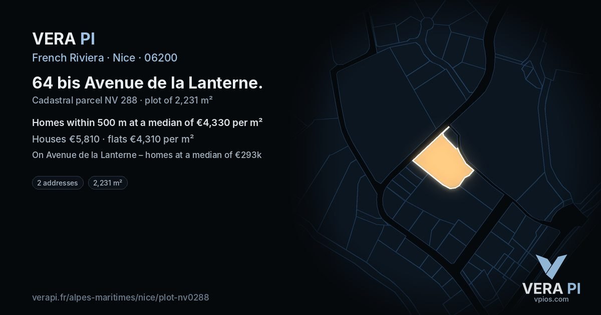 64 bis Avenue de la Lanterne, Nice at night – the plot lit, the parcels around coloured by the prices near them