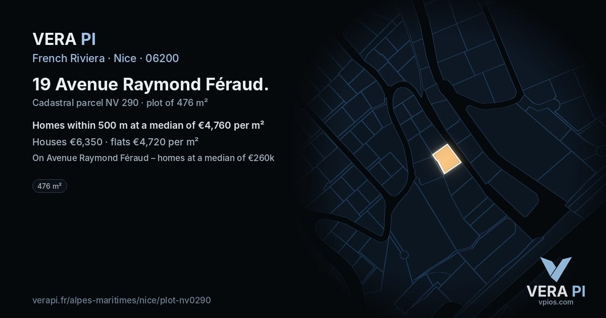 19 Avenue Raymond Féraud, Nice at night – the plot lit, the parcels around coloured by the prices near them