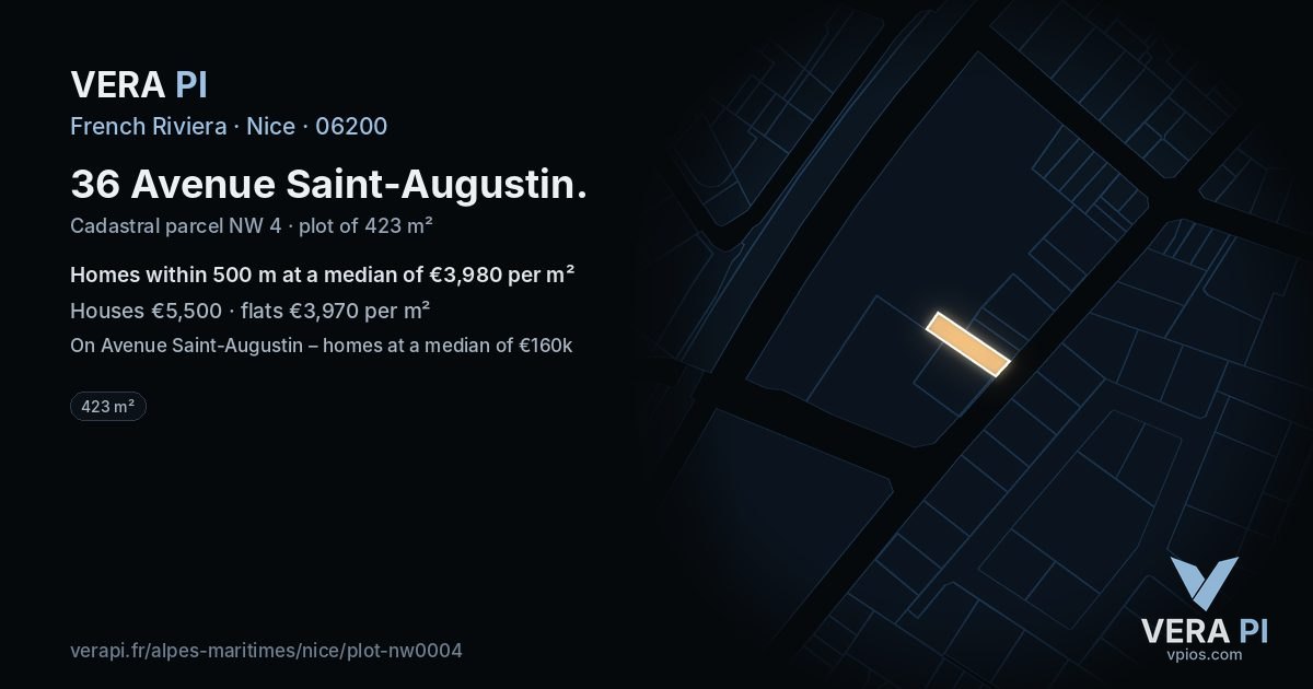 36 Avenue Saint-Augustin, Nice at night – the plot lit, the parcels around coloured by the prices near them