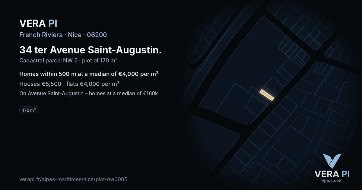 34 ter Avenue Saint-Augustin, Nice at night – the plot lit, the parcels around coloured by the prices near them